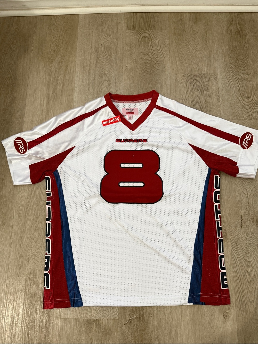 Supreme White Red Mesh Football Jersey with Navy Panels - Martine Rose
